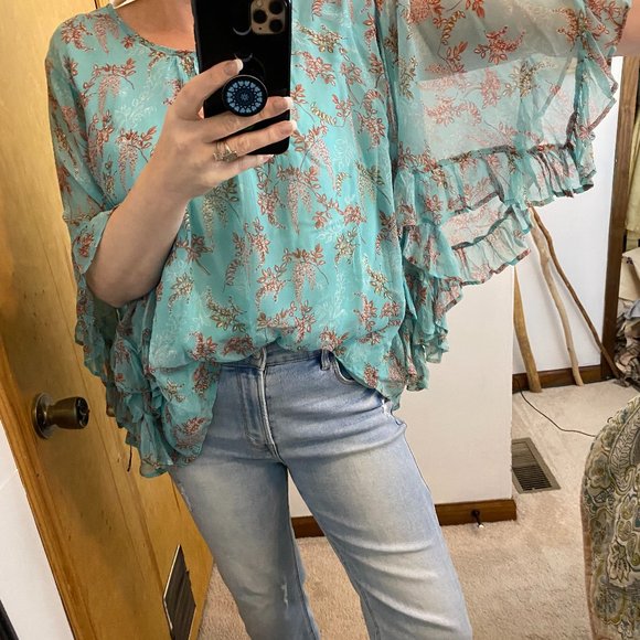 Sundance Wilde Aqua Chiffon Ruffle Loose Fit Boho Top Size Large - Picture 8 of 13